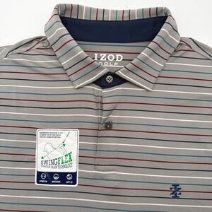 IZOD Golf Polo Shirt Mens Large Grey Striped SwingFlex Stretch Wicking UPF-15
